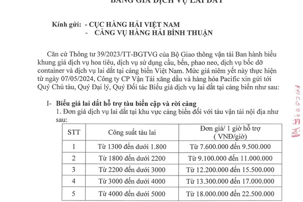 BẢNG GIÁ DỊCH VỤ LAI DẮT TÀU BÈ